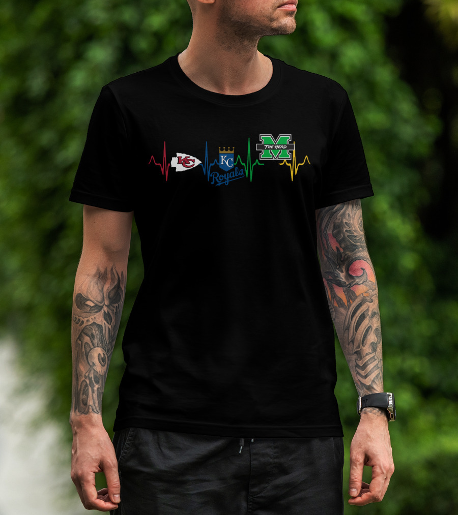Kansas City Chiefs And Royals With Marshall Thundering Herd Heartbeat T-Shirt