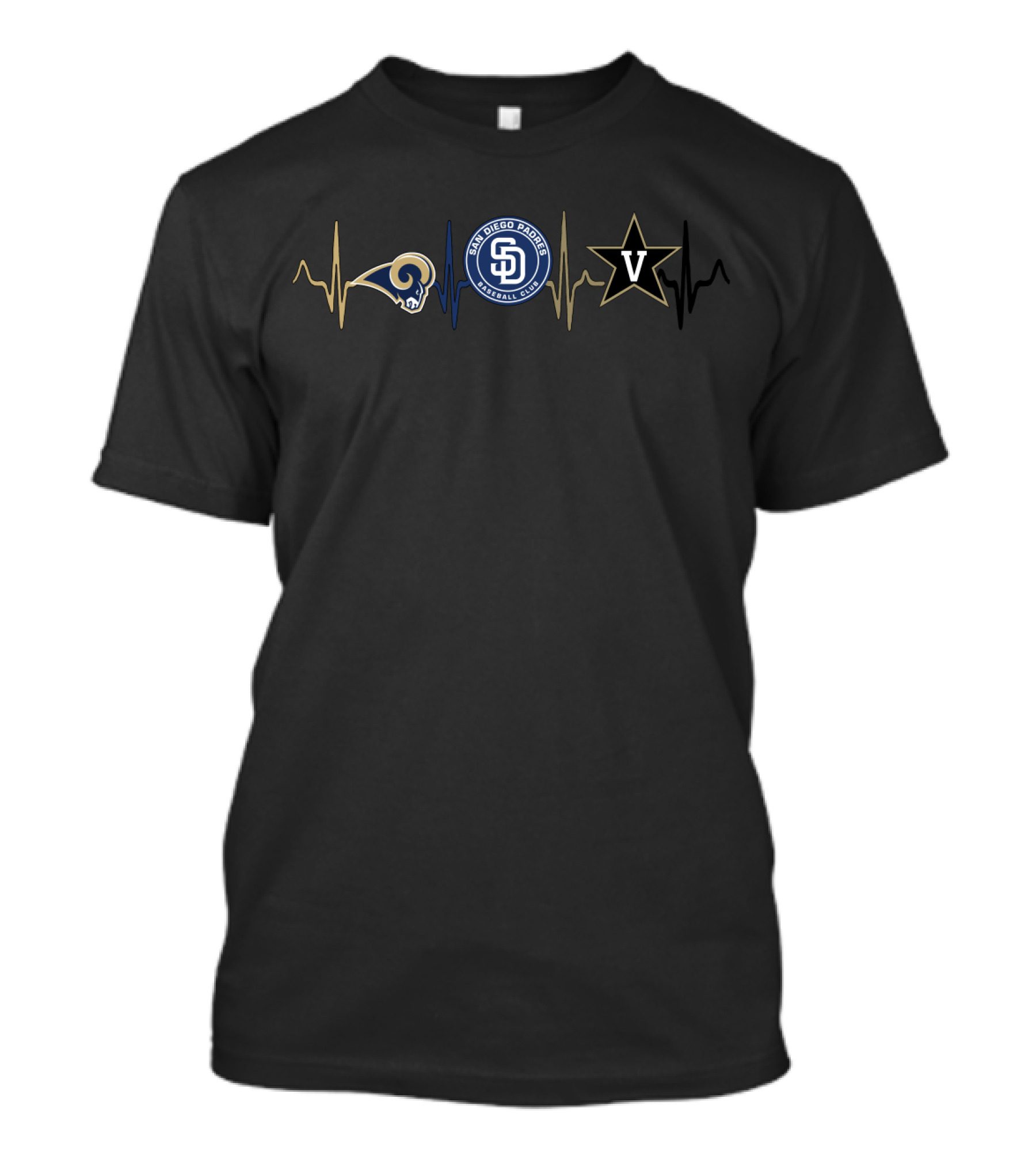 Rams San Diego Padres Vanderbilt Commodores Heartbeat Logos T-Shirt