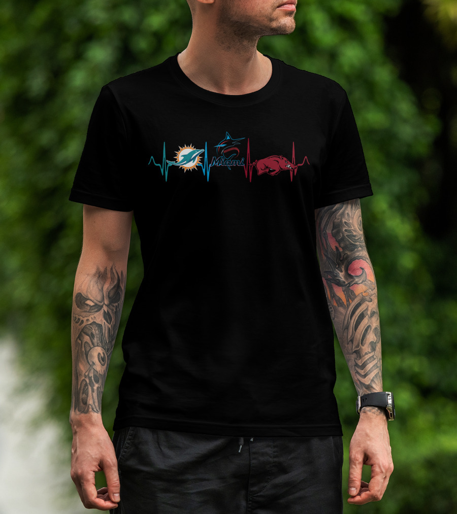Miami Dolphins Miami Marlins Arkansas Razorbacks Heartbeat T-Shirt