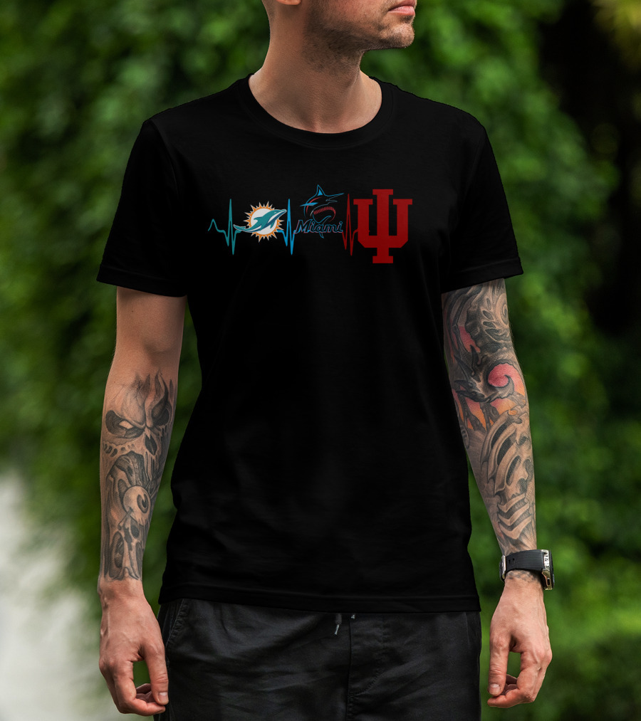 Miami Dolphins Miami Marlins Indiana Hoosiers Heartbeat T-Shirt