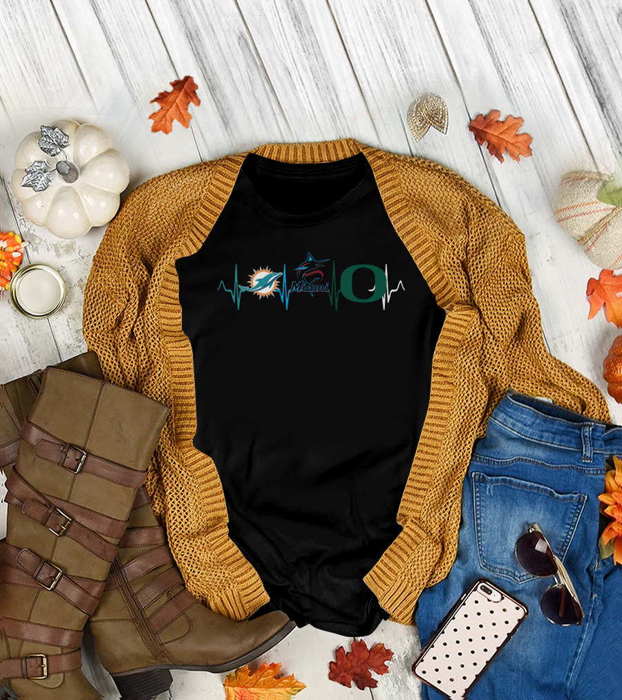 Miami Dolphins Miami Marlins Oregon Ducks Heartbeat T-Shirt