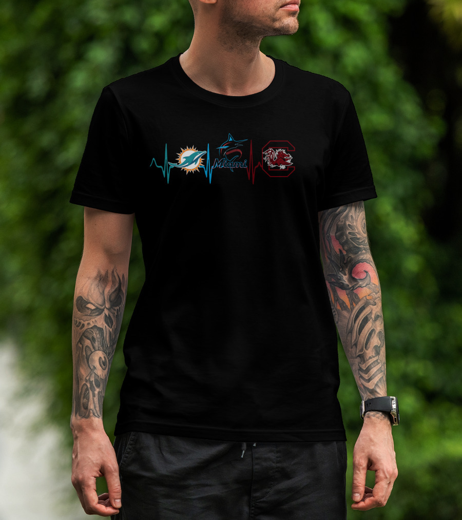 Miami Dolphins Marlins South Carolina Gamecocks Heartbeat T-Shirt