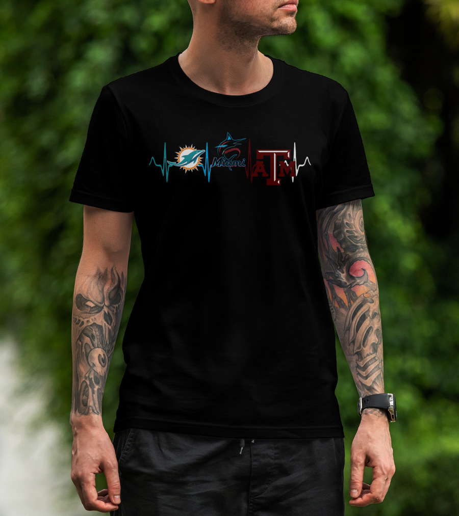Miami Dolphins Miami Marlins Texas A&M Heartbeat T-Shirt