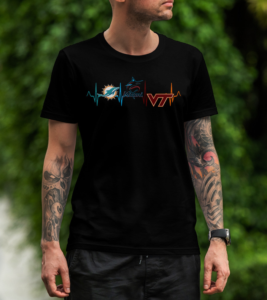 Miami Dolphins Miami Marlins Vt Hokies Heartbeat T-Shirt