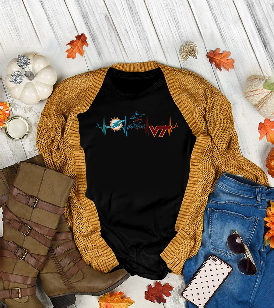 Miami Dolphins Miami Marlins Vt Hokies Heartbeat T-Shirt