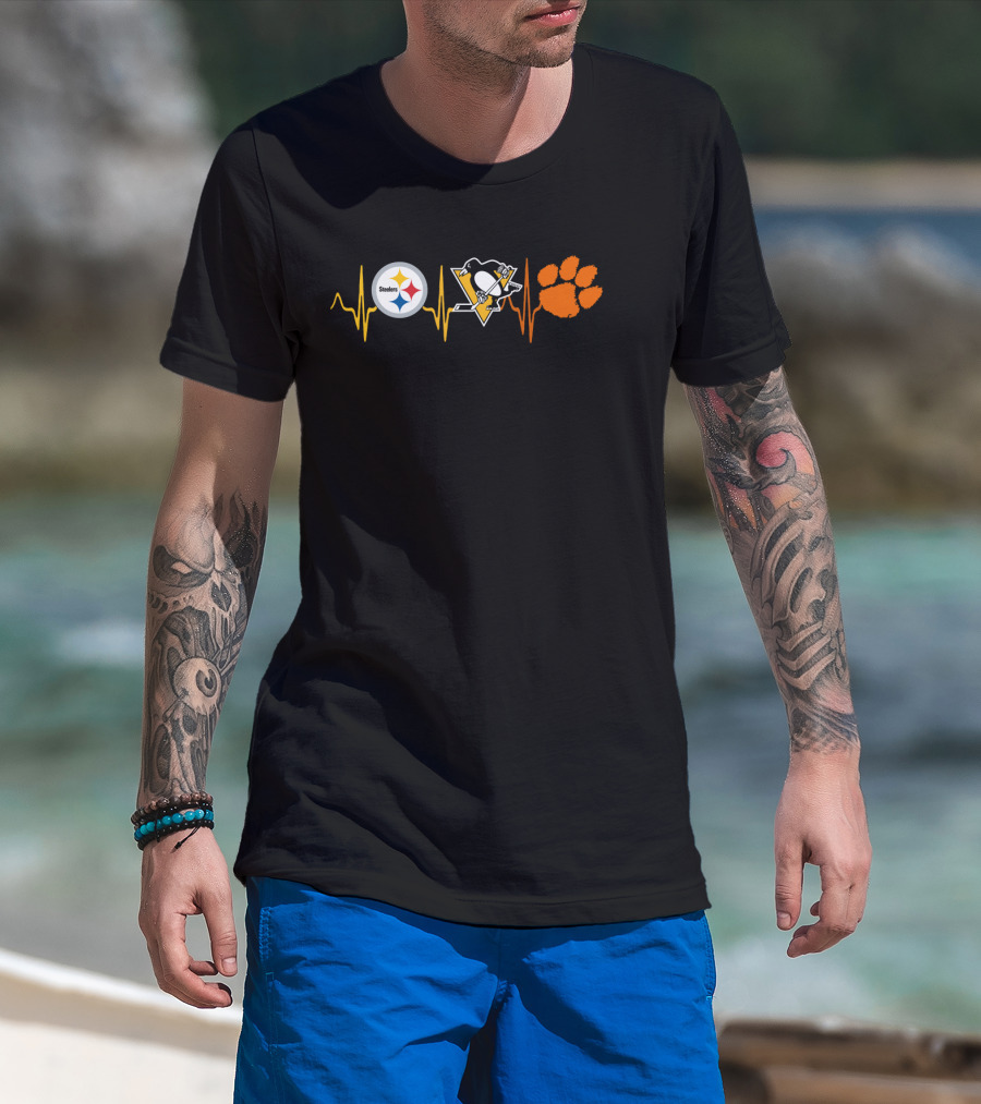 Steelers Penguins Heartbeat With Clemson Tigers Paw Print Ct T-Shirt