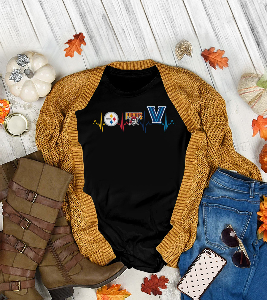 Steelers Logo Pirates Logo Villanova Heartbeat T-Shirt