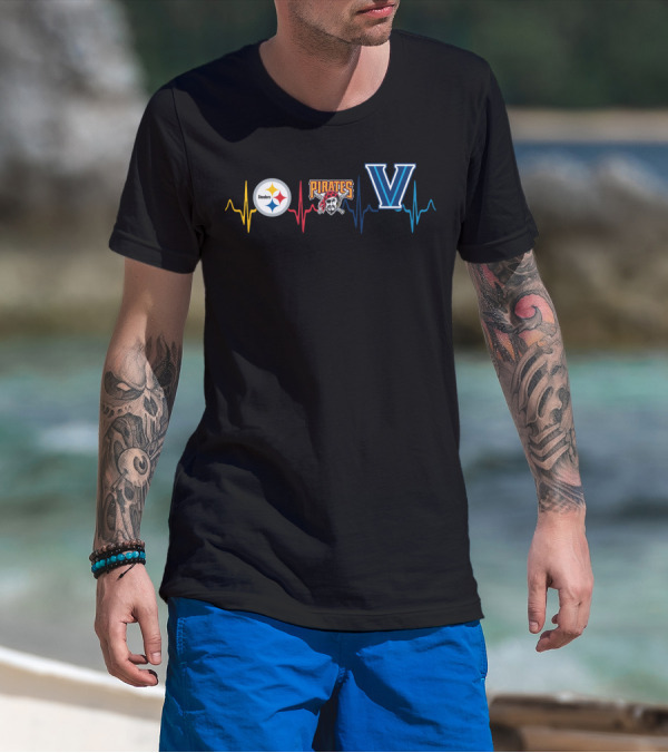 Steelers Logo Pirates Logo Villanova Heartbeat T-Shirt