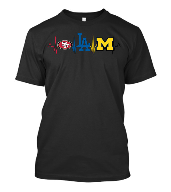 Love 49ers Dodgers Michigan Wolverines Logos Heartbeat T-Shirt