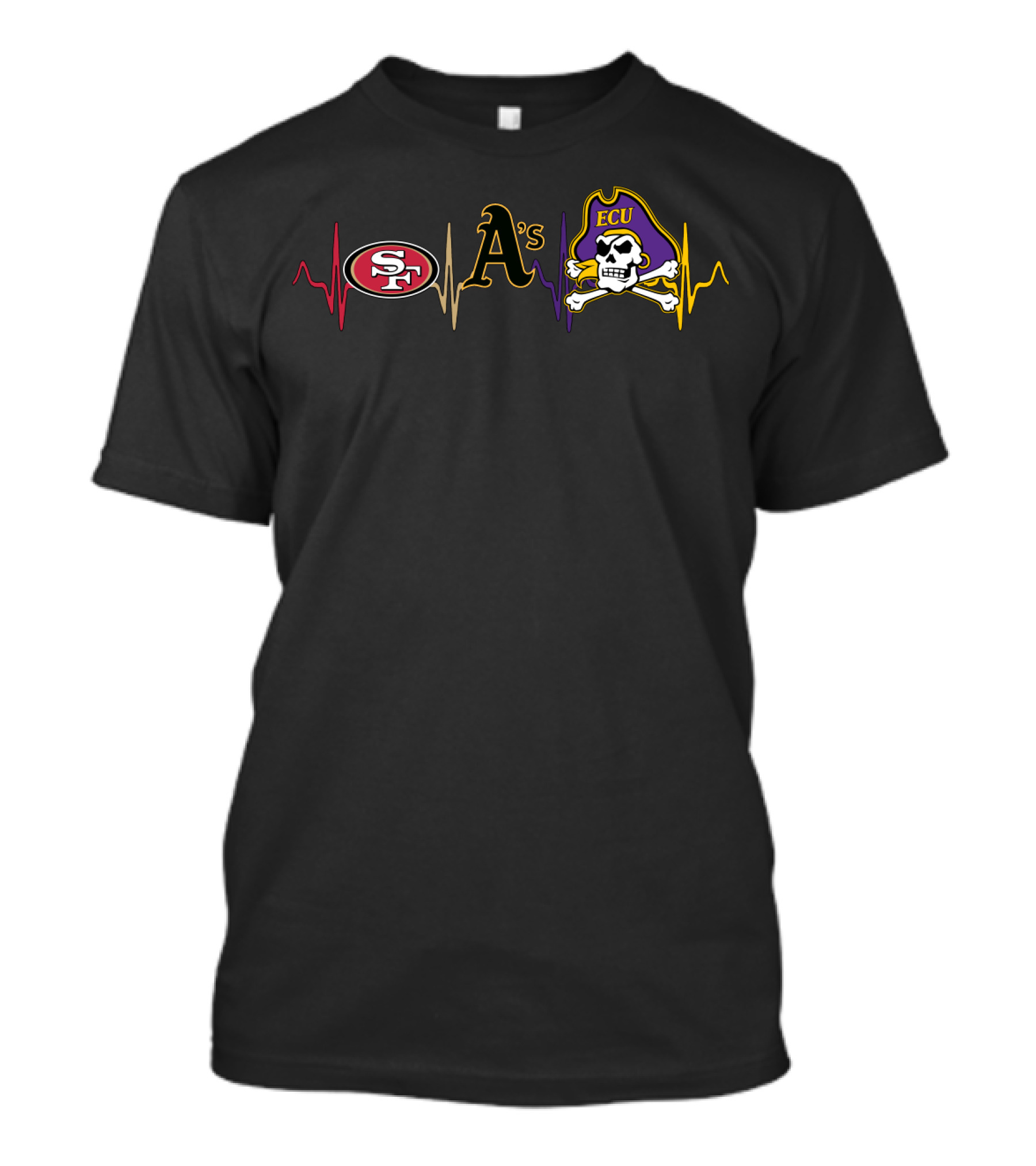 San Francisco 49ers Oakland Athletics Ecu Pirates Heartbeat T-Shirt