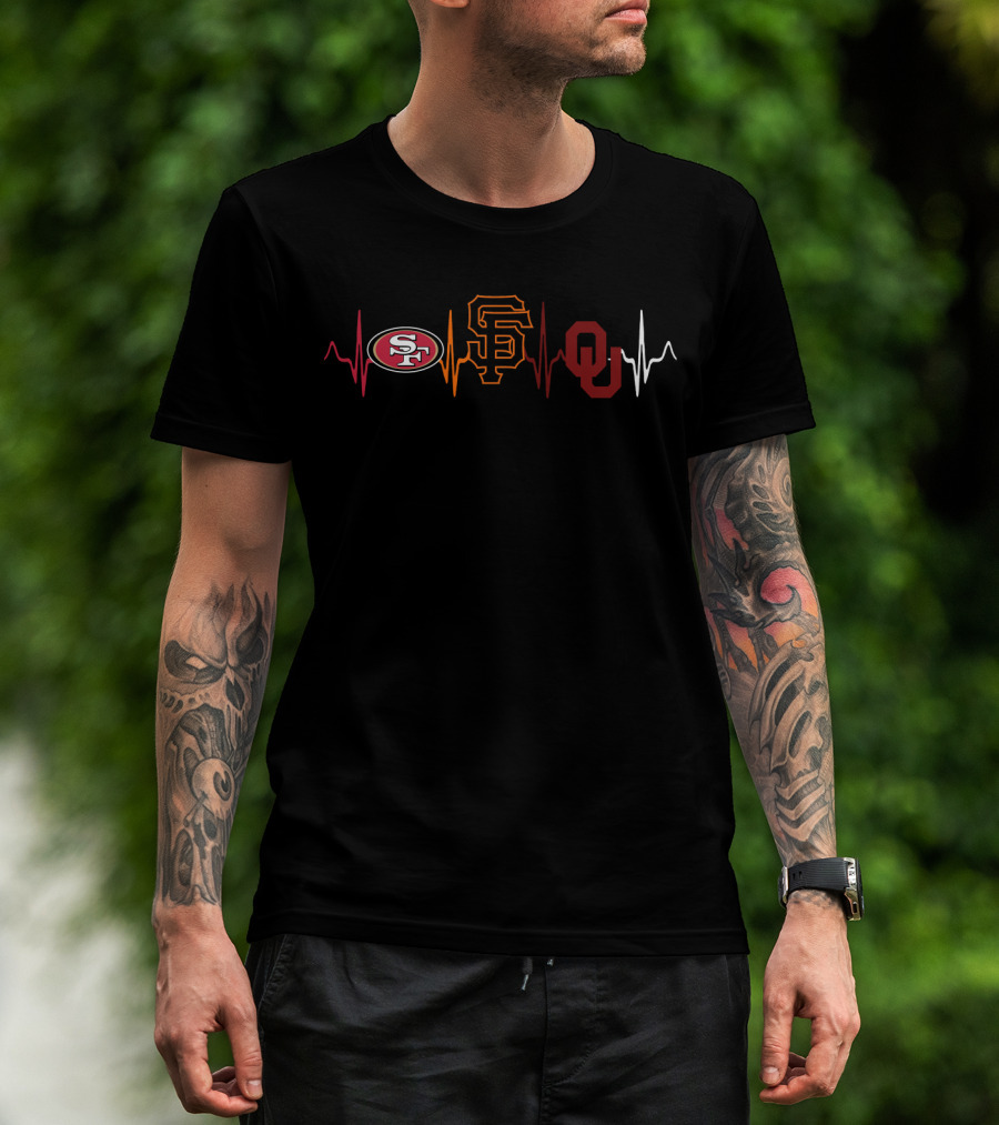 Love 49ers Giants Oklahoma Sports Heartbeat T-Shirt