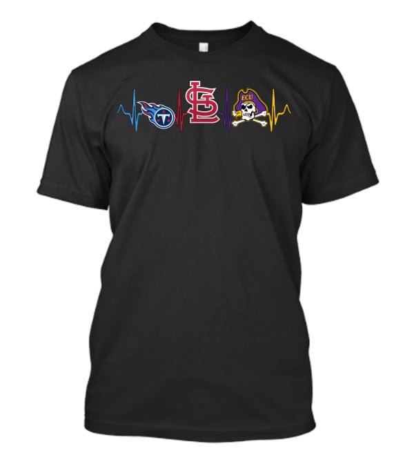 Love Titans St. Louis Cardinals Ecu Pirates Logos With Heartbeat T-Shirt