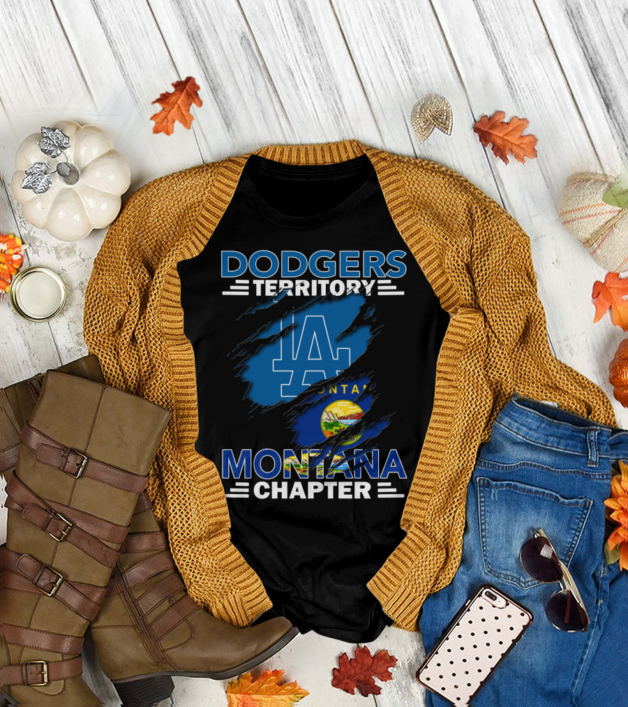 Dodgers Territory Montana Chapter LA Logo and Montana State Flag T-Shirt