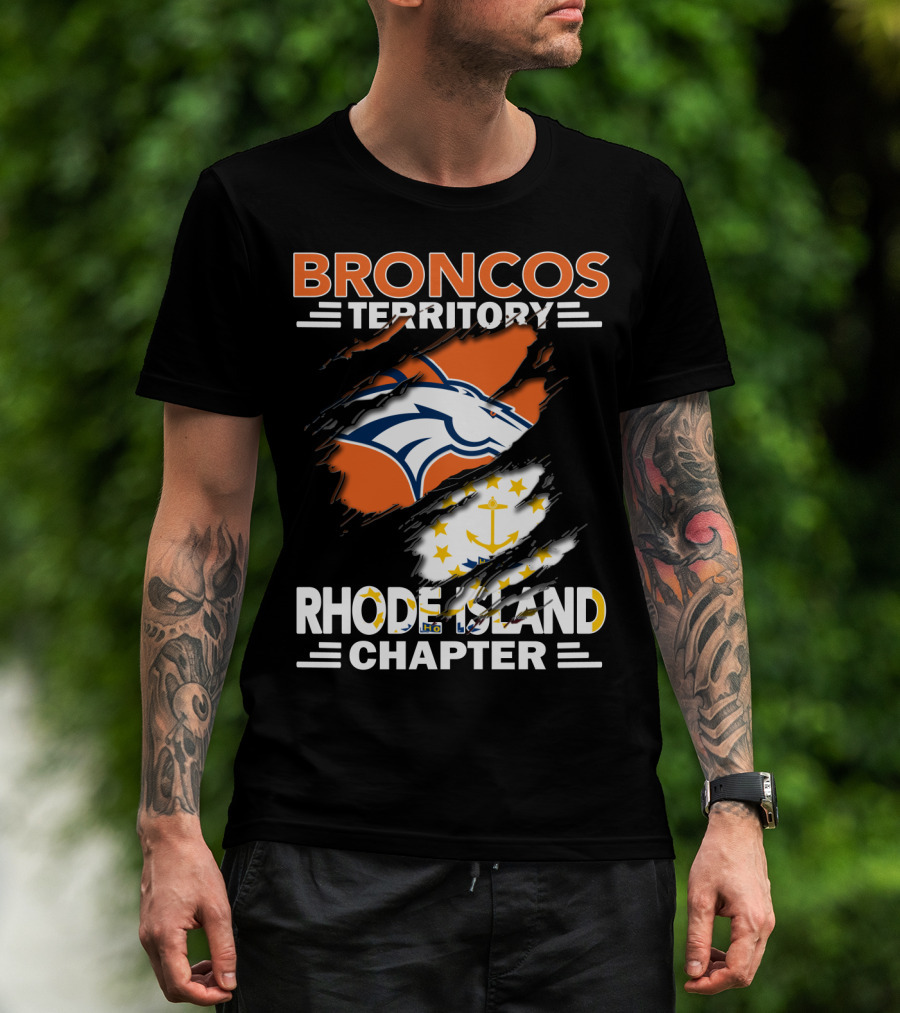 Broncos Territory Rhode Island Chapter Logo With Ripped Flag T-Shirt