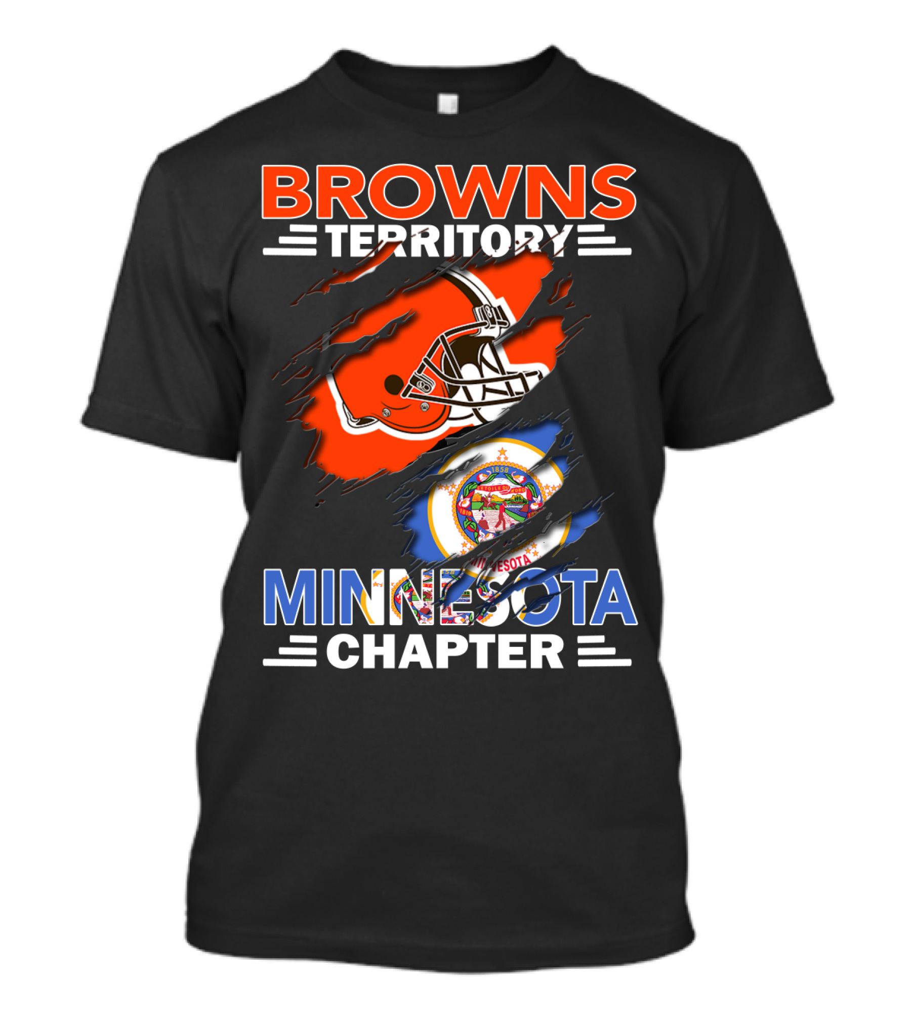 Browns Territory Minnesota Chapter Football Helmet And State Emblem Orange Black Blue Bar Logo Team Flag T-Shirt