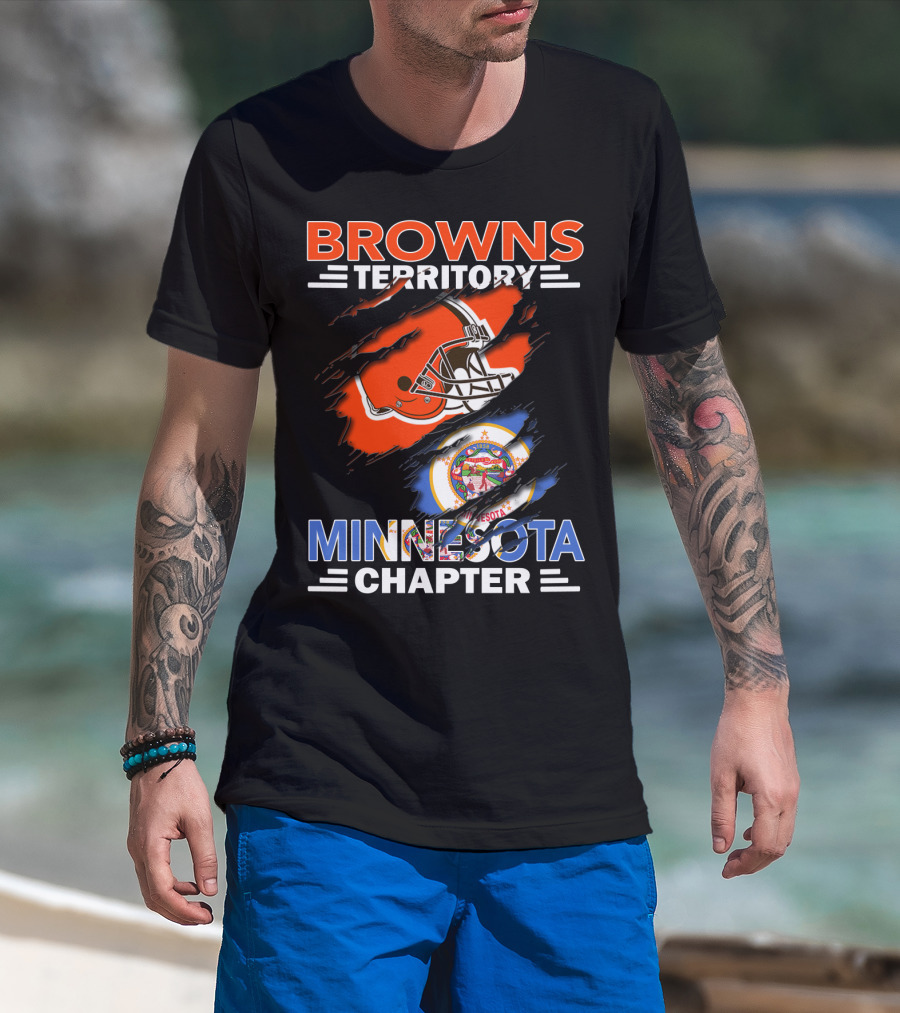 Browns Territory Minnesota Chapter Football Helmet And State Emblem Orange Black Blue Bar Logo Team Flag T-Shirt