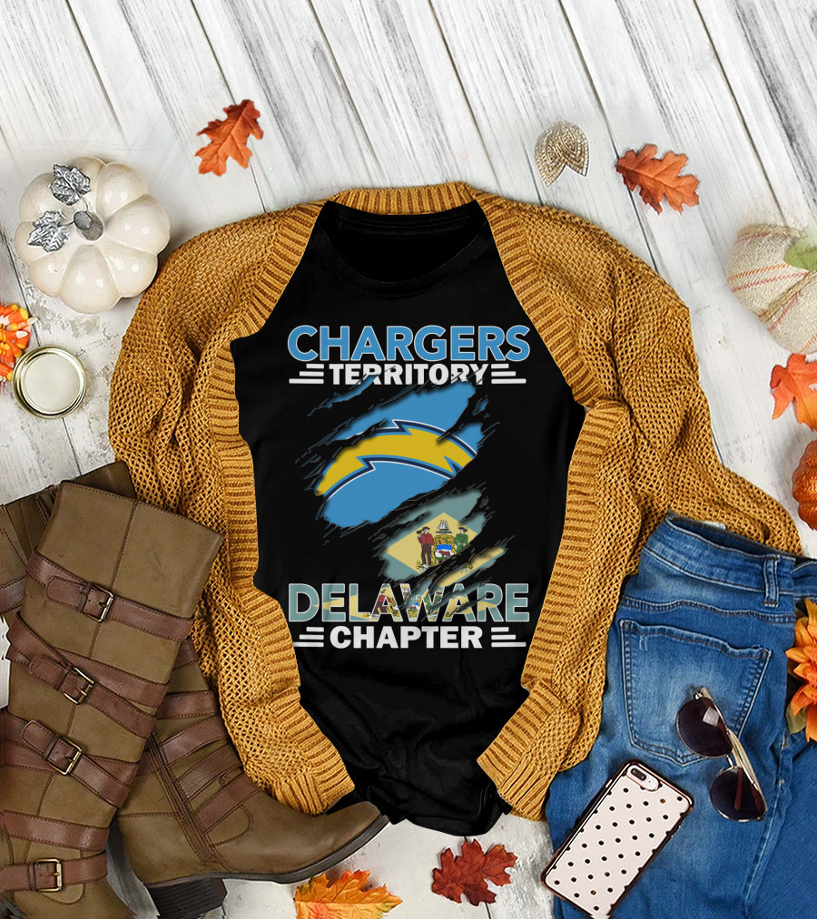 Chargers Territory Delaware Chapter Lightning Bolt and State Flag T-Shirt