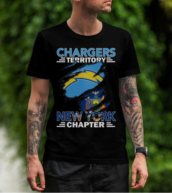 Chargers Territory New York Chapter Logo With Lightning Bolt And New York State Flag T-Shirt
