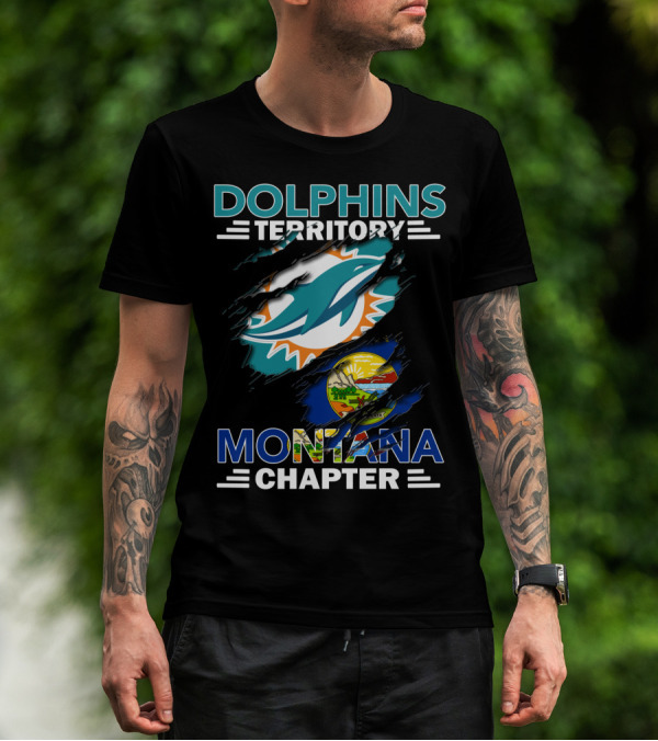 Dolphins Territory Montana Chapter Miami Dolphins Logo With Montana State Flag T-Shirt