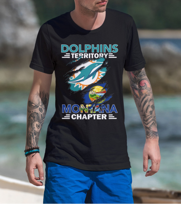 Dolphins Territory Montana Chapter Miami Dolphins Logo With Montana State Flag T-Shirt