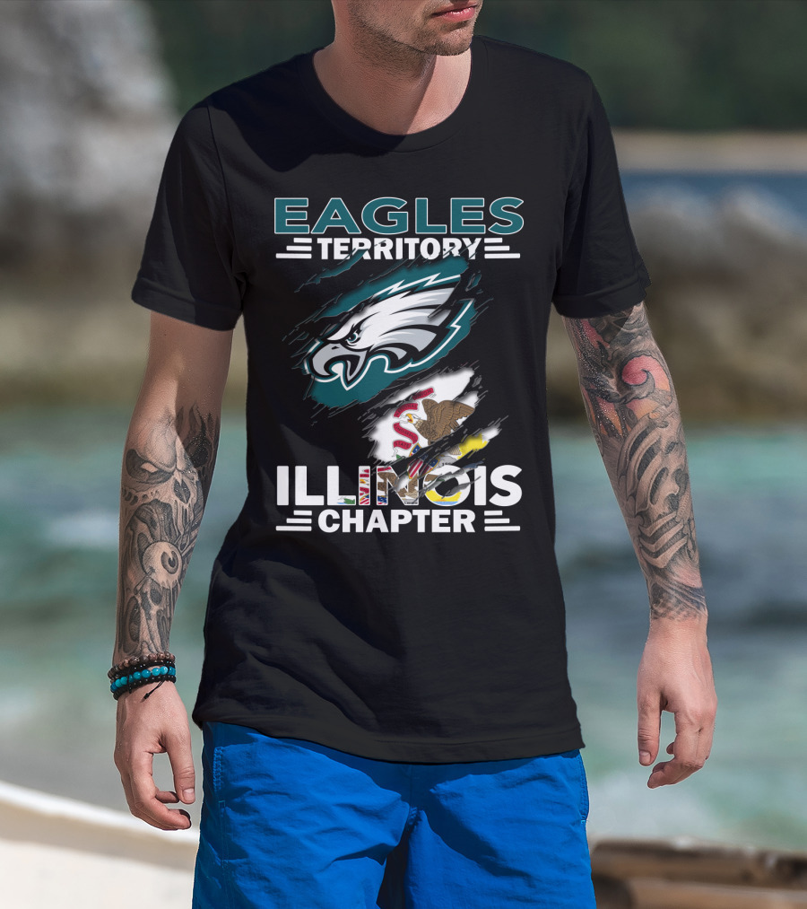 Eagles Territory Illinois Chapter Nfl Football Fan Club Logo With State Flag And Team Mascot T-Shirt