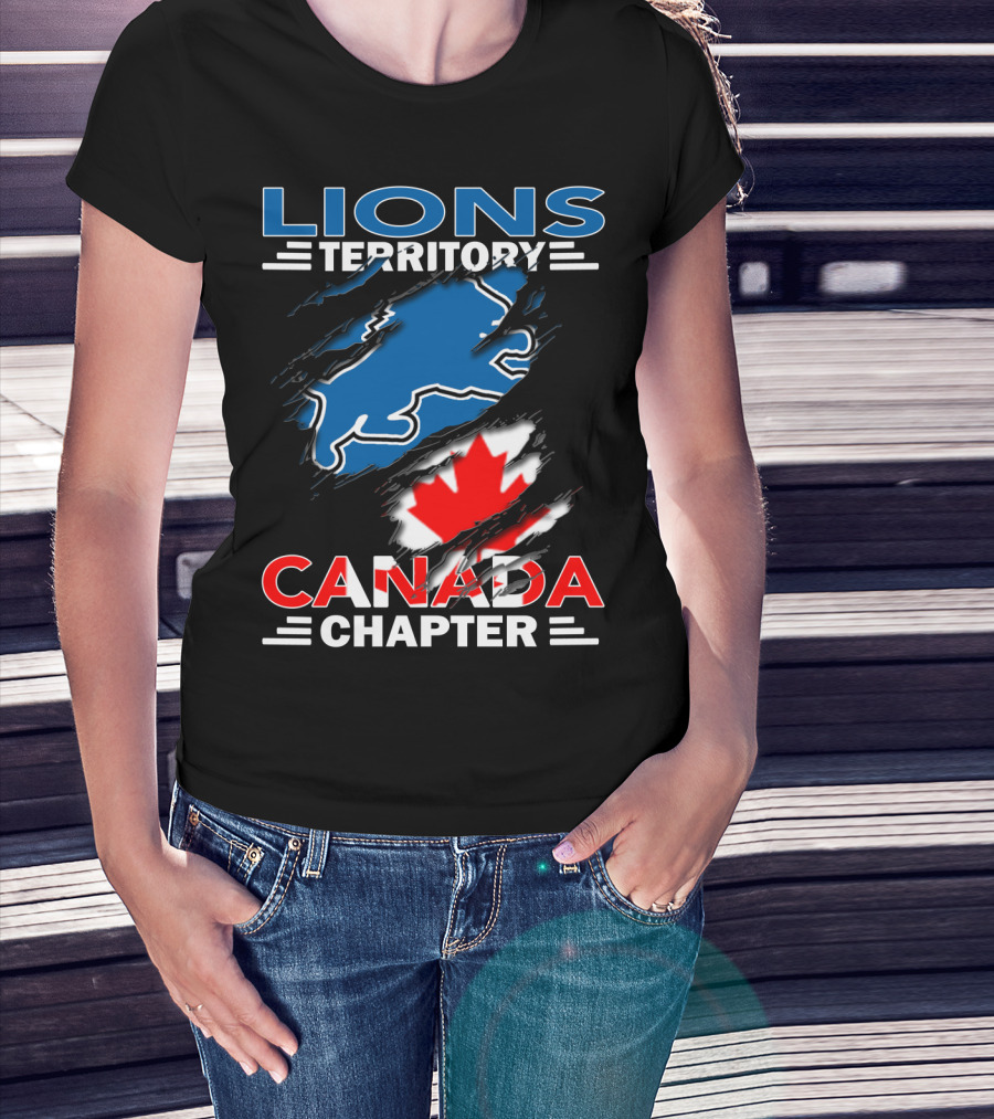 Lions Territory Canada Chapter Blue Lion Silhouette Red Maple Leaf T-Shirt