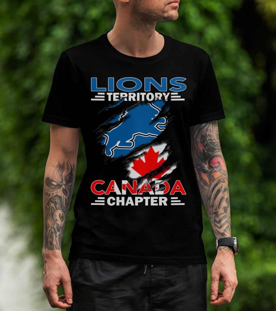 Lions Territory Canada Chapter Blue Lion Silhouette Red Maple Leaf T-Shirt