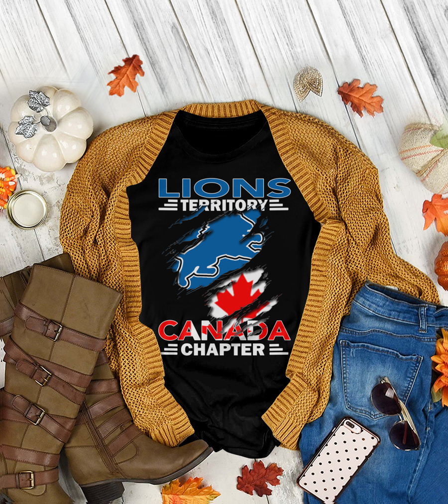Lions Territory Canada Chapter Blue Lion Silhouette Red Maple Leaf T-Shirt