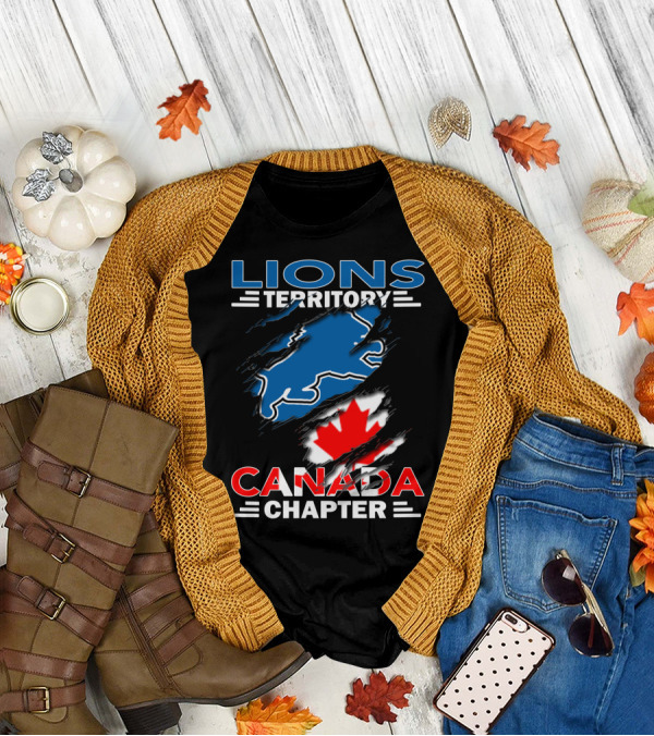 Lions Territory Canada Chapter Blue Lion Silhouette Red Maple Leaf T-Shirt