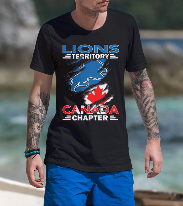 Lions Territory Canada Chapter Blue Lion Silhouette Red Maple Leaf T-Shirt