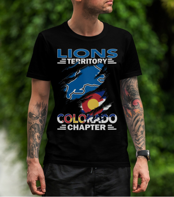 Lions Territory Colorado Chapter Blue Lion And Colorado Flag T-Shirt