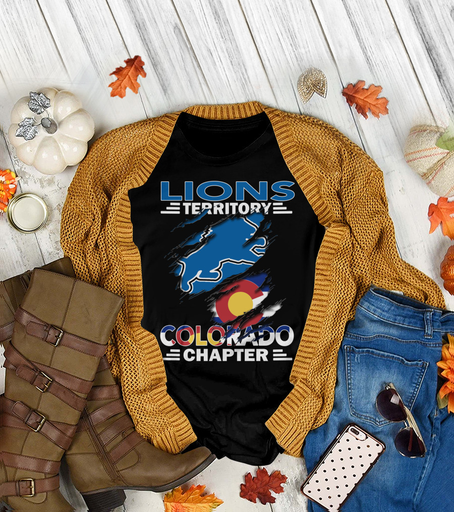 Lions Territory Colorado Chapter Blue Lion and Colorado Flag T-Shirt
