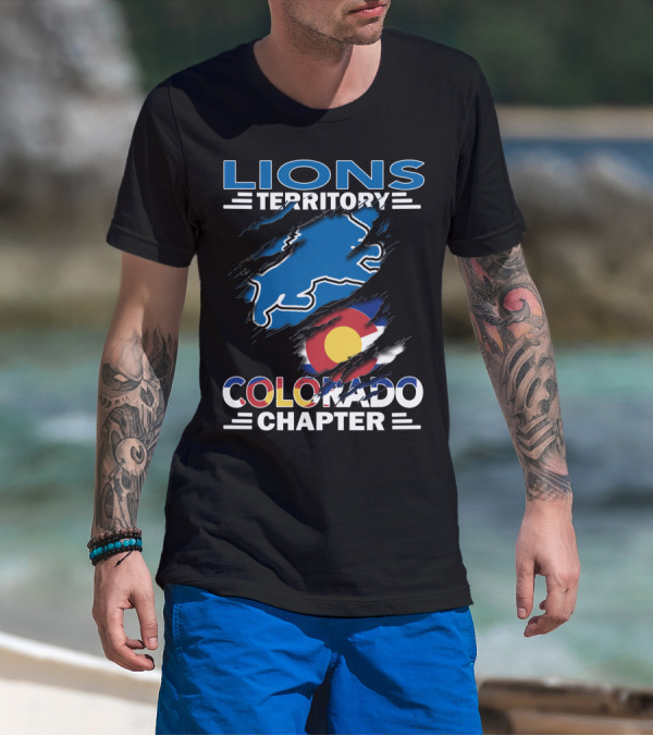Lions Territory Colorado Chapter Blue Lion And Colorado Flag T-Shirt