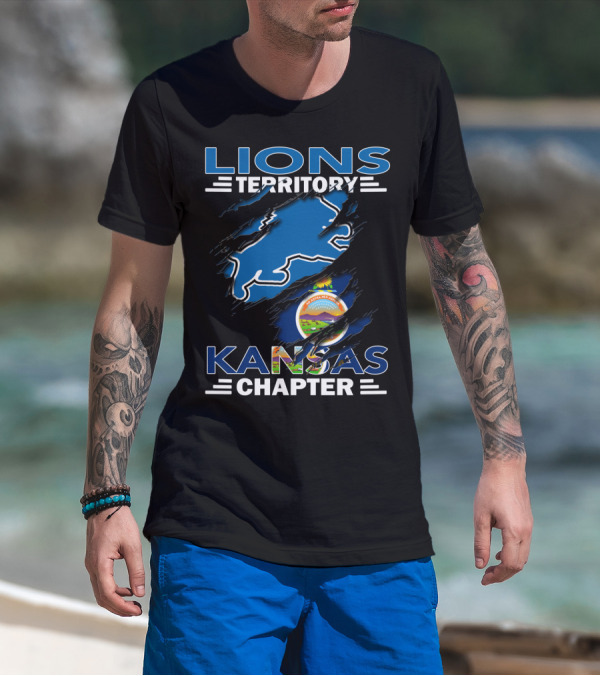 Lions Territory Kansas Chapter With Blue Lion And Kansas Seal T-Shirt
