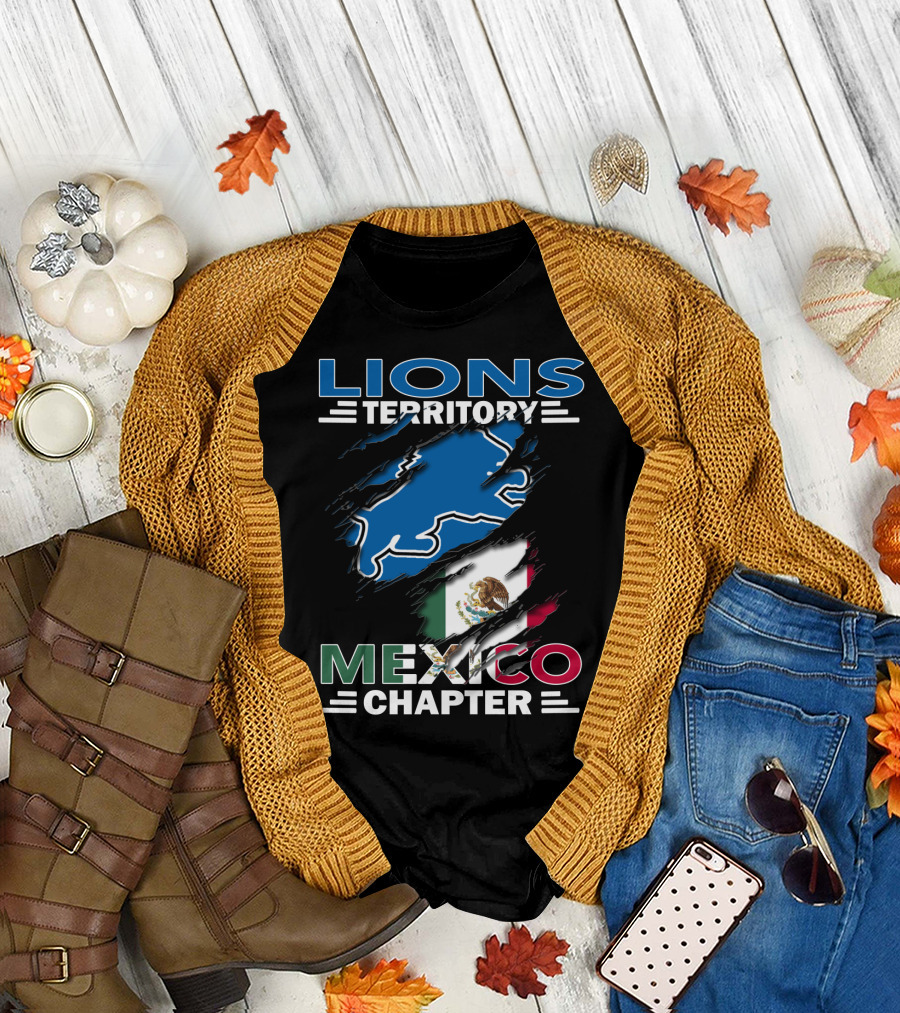 Lions Territory Mexico Chapter Blue Lion Silhouette and Mexican Flag T-Shirt