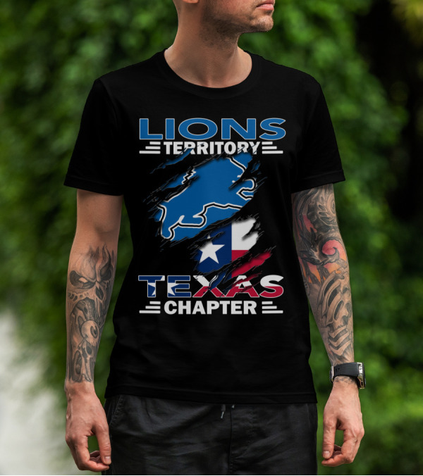 Lions Territory Texas Chapter Blue Lion Outline Texas Flag T-Shirt
