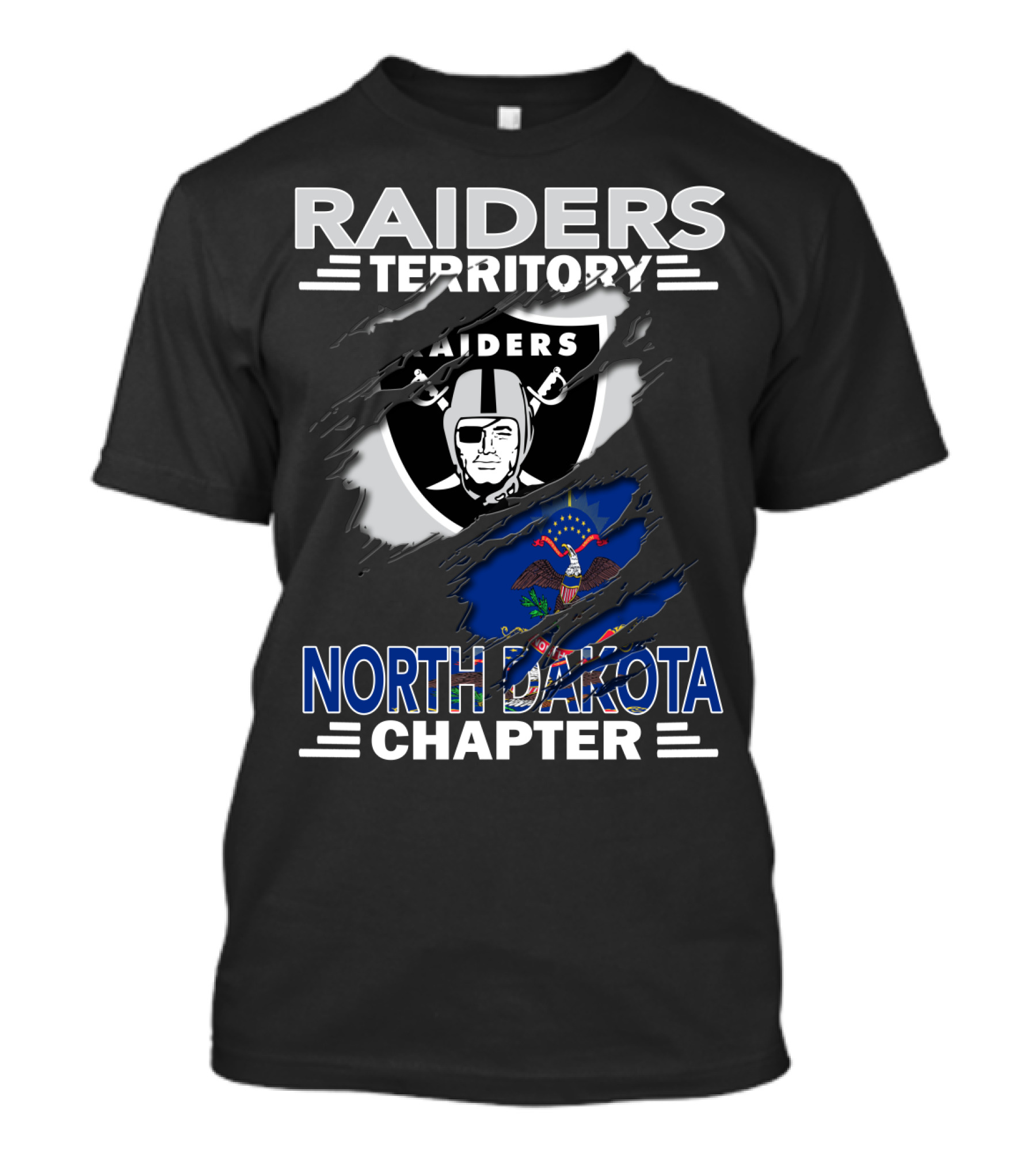Raiders Territory North Dakota Chapter NFL Fan Club Emblem With State Flag T-Shirt