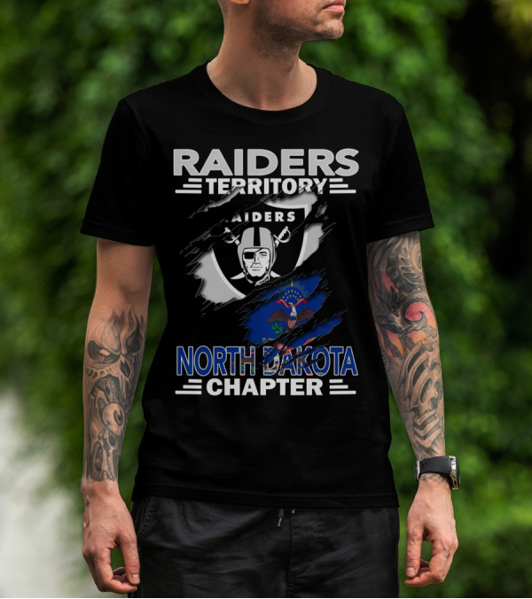 Raiders Territory North Dakota Chapter NFL Fan Club Emblem With State Flag T-Shirt