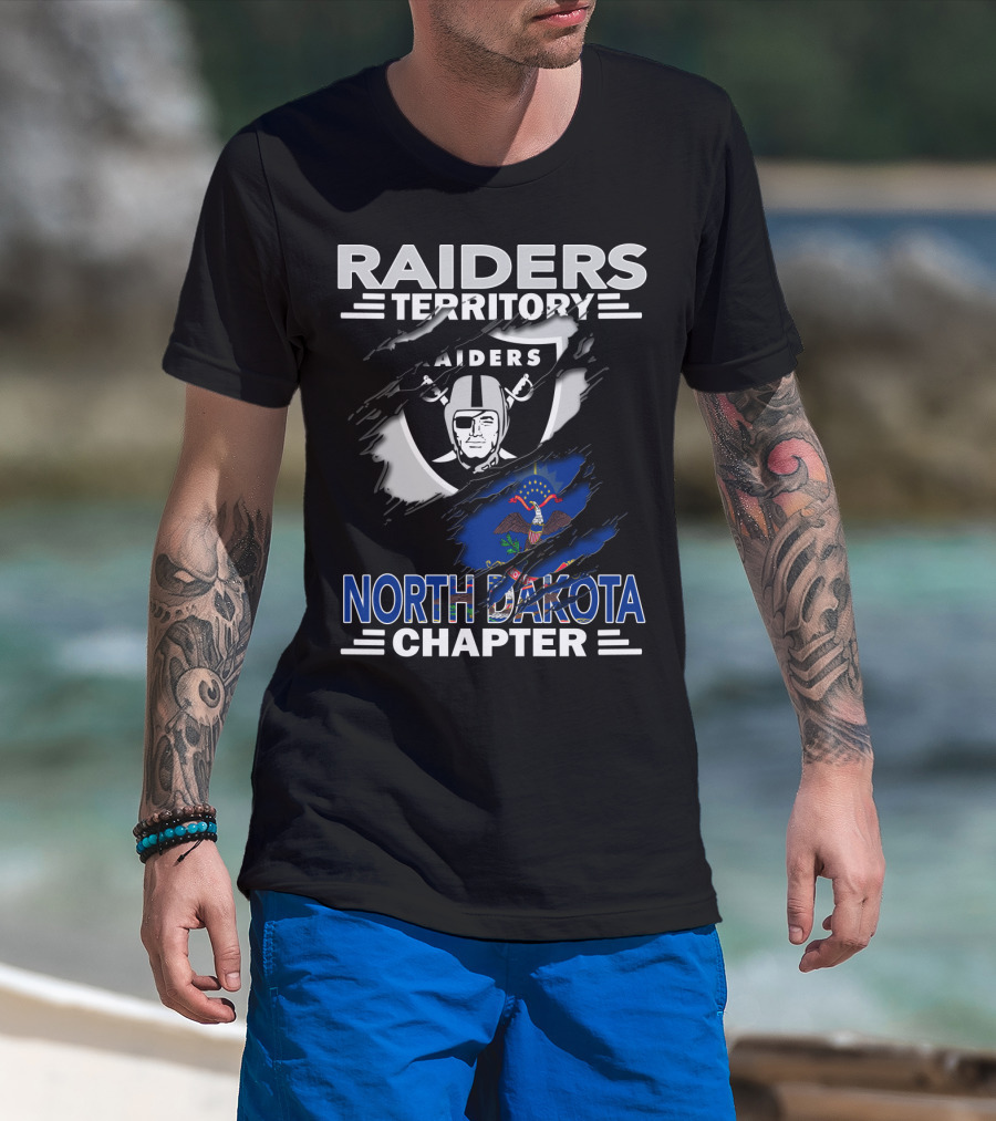 Raiders Territory North Dakota Chapter NFL Fan Club Emblem With State Flag T-Shirt