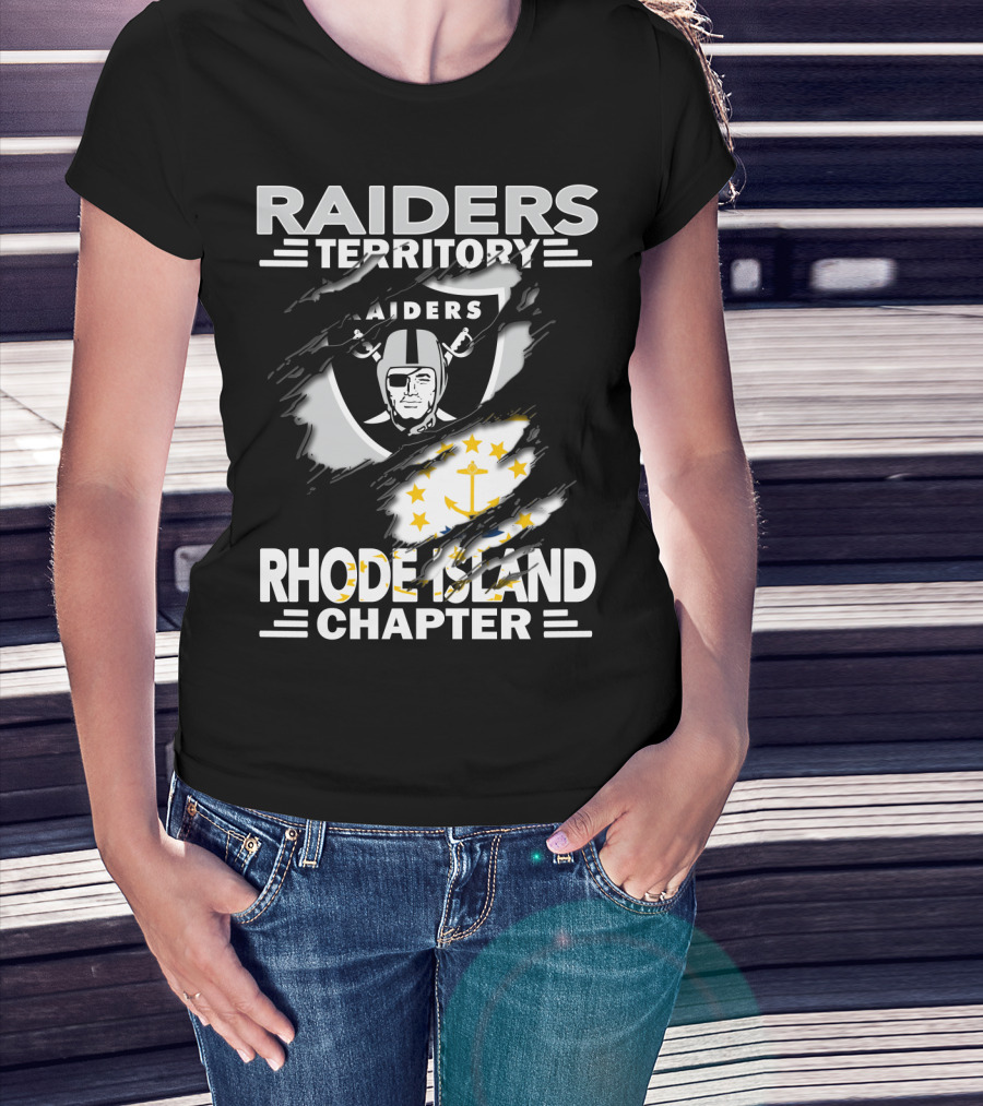 Raiders Territory Rhode Island Chapter Emblem And State Flag Integration T-Shirt