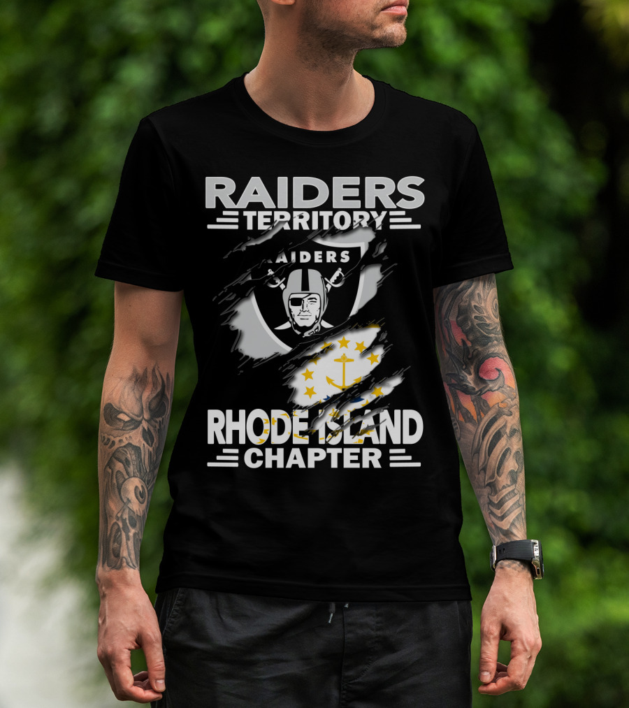 Raiders Territory Rhode Island Chapter Emblem And State Flag Integration T-Shirt