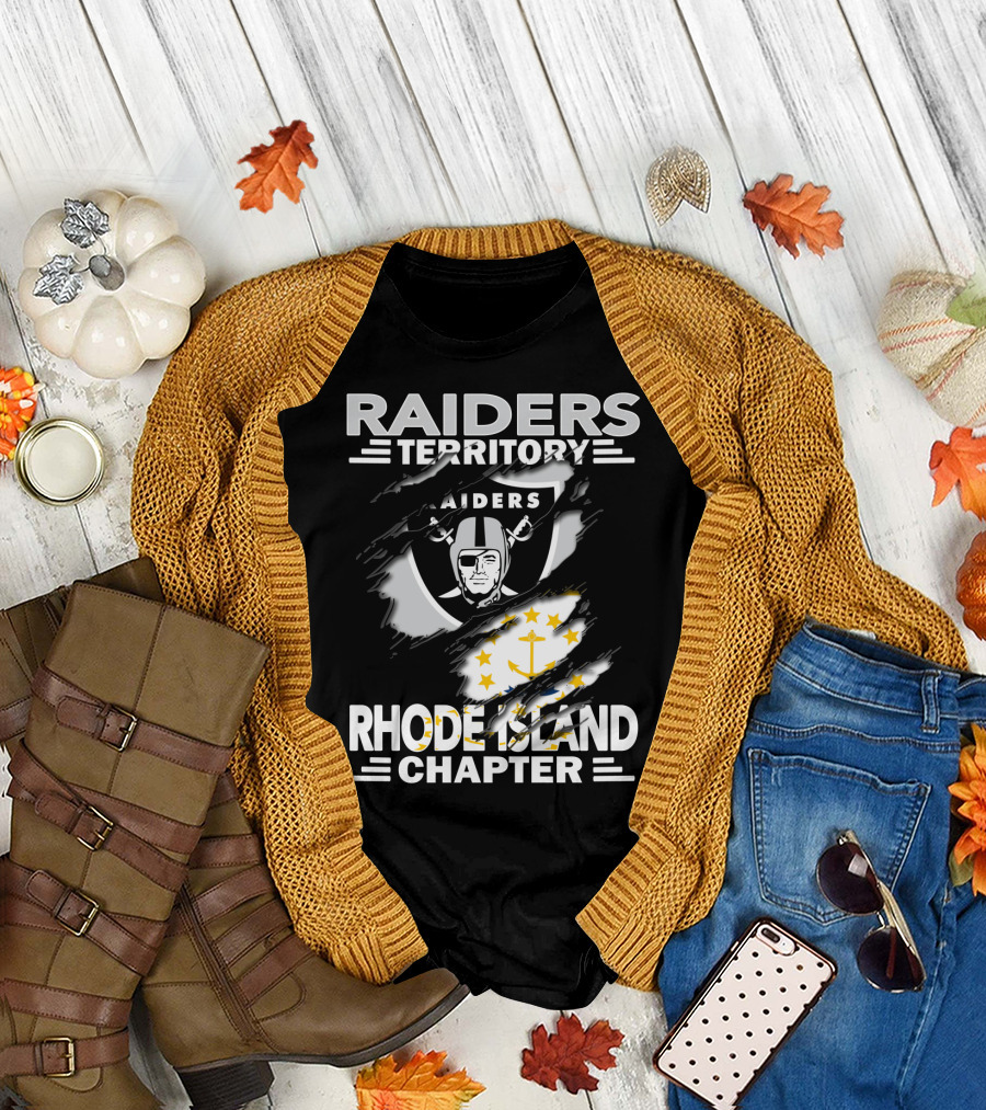 Raiders Territory Rhode Island Chapter Emblem and State Flag Integration T-Shirt