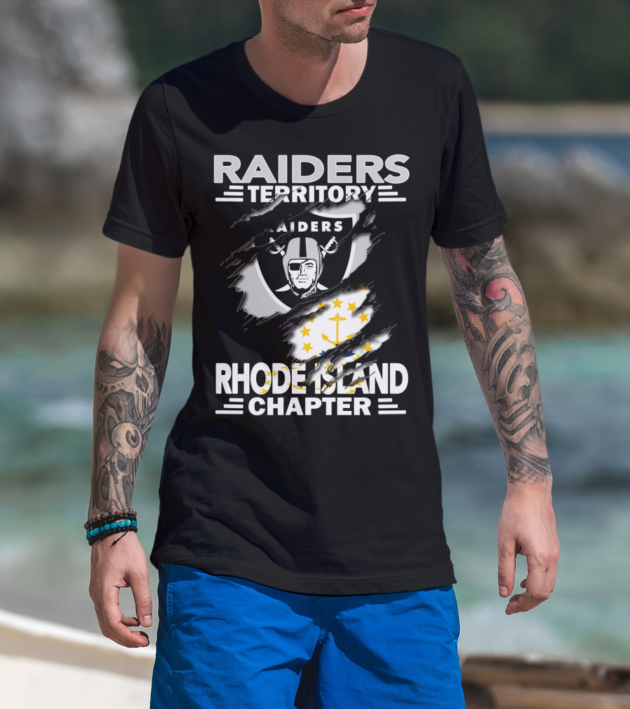 Raiders Territory Rhode Island Chapter Emblem And State Flag Integration T-Shirt