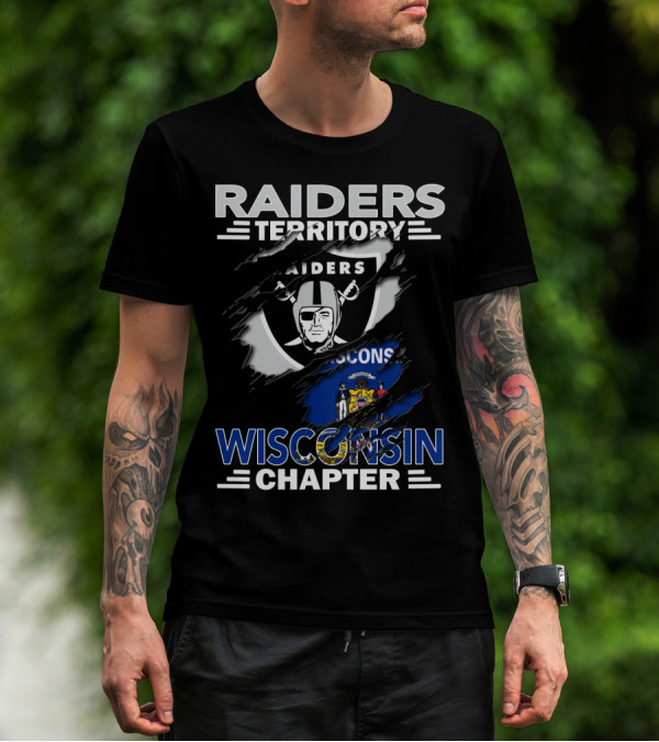 Raiders Territory Wisconsin Chapter NFL Team Fan Club Logo And State Flag Tear T-Shirt