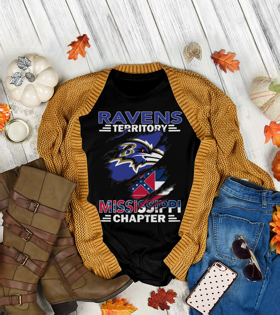 Ravens Territory Mississippi Chapter Ravens Logo and Confederate Flag T-Shirt