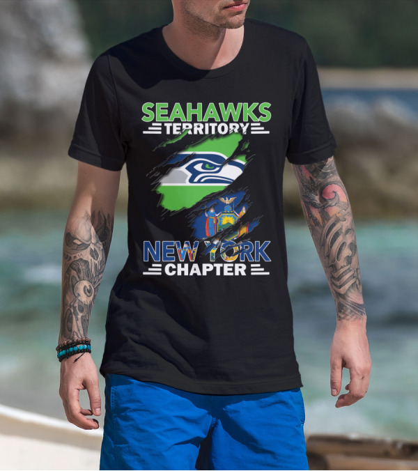 Seahawks Territory New York Chapter Logo And State Flag Integration T-Shirt