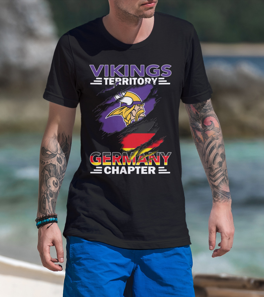 Vikings Territory Germany Chapter Purple And Gold Logo With German Flag Background T-Shirt