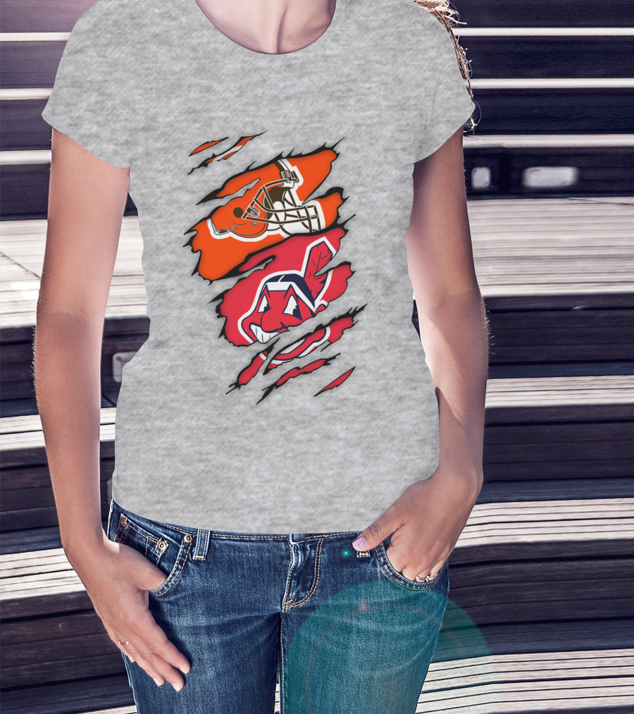 Cleveland Indians Browns Football Helmet Chief Wahoo Torn Rip T-Shirt
