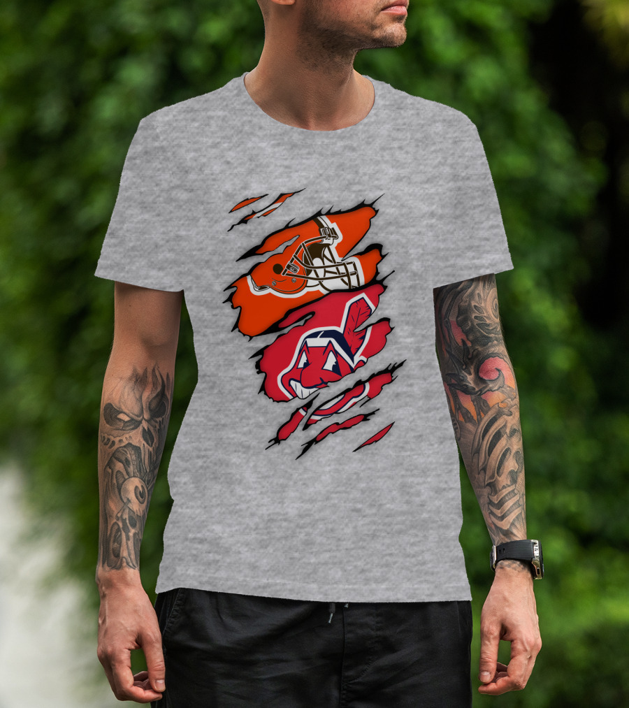 Cleveland Indians Browns Football Helmet Chief Wahoo Torn Rip T-Shirt