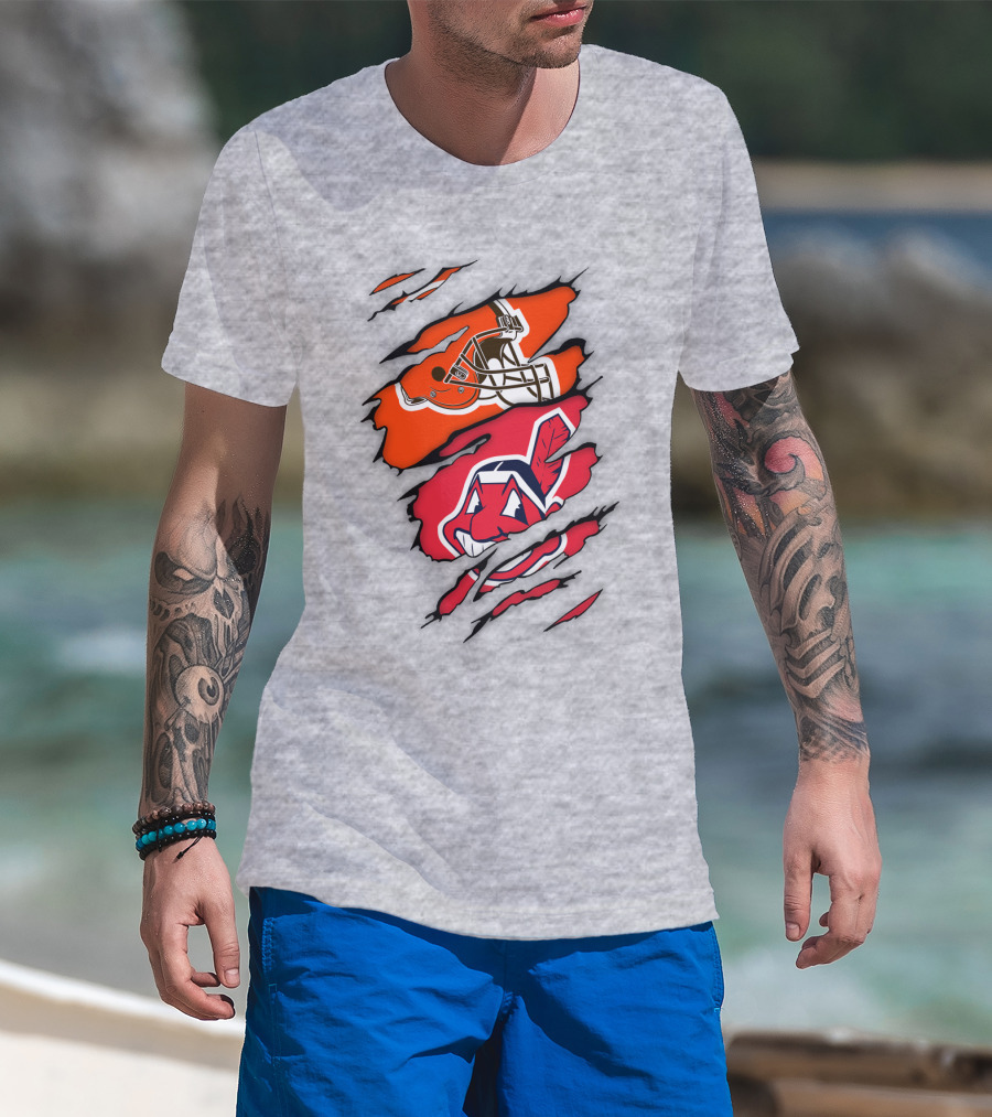Cleveland Indians Browns Football Helmet Chief Wahoo Torn Rip T-Shirt